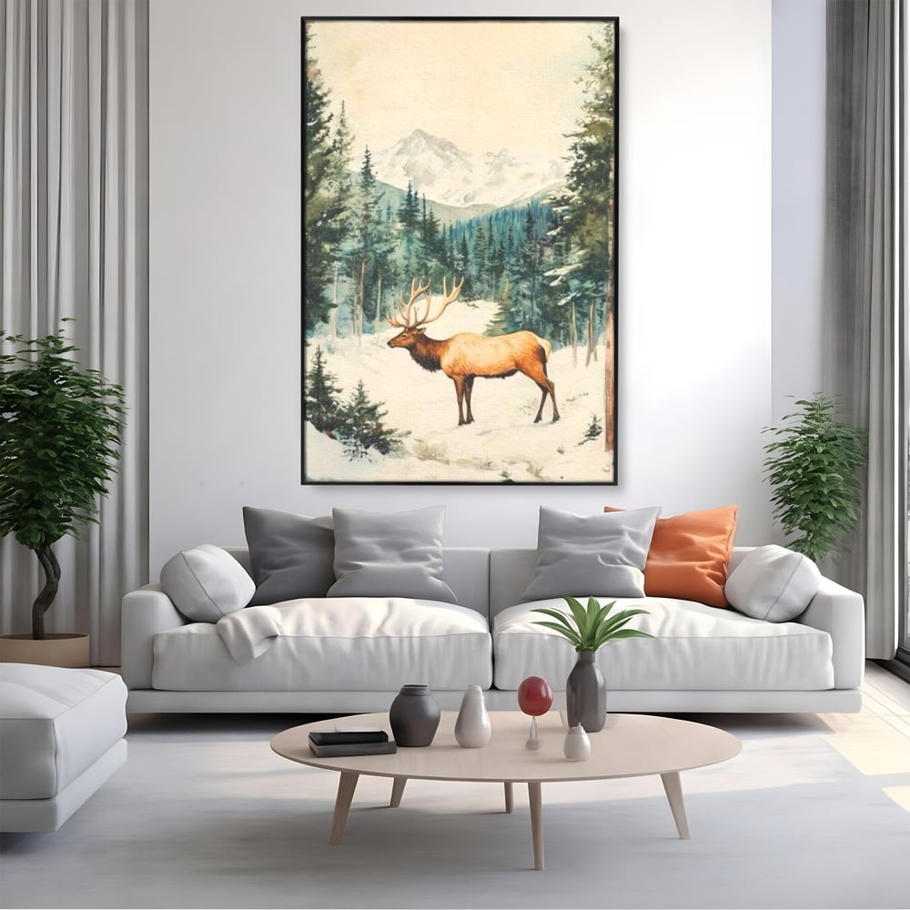 Tablou canvas cu tablou canvas cu cerb in zapada, in rama de aluminiu negru, pe perete intr-un living